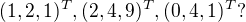 $ (1,2,1)^{T},(2,4,9)^{T},(0,4,1)^{T}? $