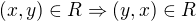 $(x, y) \in R \Rightarrow (y, x) \in R$