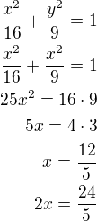 $\frac{x^2}{16}+\frac{y^2}{9}=1\\\frac{x^2}{16}+\frac{x^2}{9}=1\\25x^2=16\cdot 9\\5x=4\cdot 3\\x=\frac {12}{5}\\2x=\frac{24}{5}$