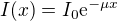 $I(x) = I_0 \mathrm{e}^{-\mu x}$