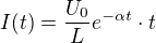$I(t)=\frac{U_0}{L}e^{-\alpha t}\cdot t$