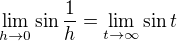 $\lim_{h\to0}\sin \frac{1}{h}=\lim_{t\to\infty }\sin t$