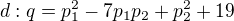 $d: q=p_{1}^{2}-7p_{1}p_{2}+p_{2}^{2}+19$
