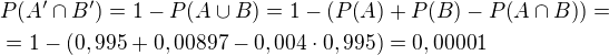 $P{\(A^{\prime}\cap B^{\prime}\)}=1-P{\(A\cup B\)}=1-\(P{\(A\)}+P{\(B\)}-P{\(A\cap B\)}\)=\nl =1-\(0,995+0,00897-0,004\cdot 0,995\)=0,00001$