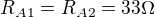 $R_{A1}=R_{A2}=33 \Omega$