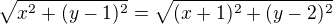 $\sqrt{x^2 + (y-1)^2} = \sqrt{(x+1)^2 + (y-2)^2}$