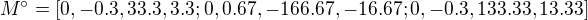 $M�=[0,-0.3,33.3,3.3;0,0.67,-166.67,-16.67;0,-0.3,133.33,13.33]$