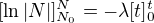 $[\ln |N|]_{N_{0}}^{N}=-\lambda [t]_{0}^{t}$
