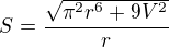 $S=\frac{\sqrt{\pi ^{2}r^{6}+9V^{2}}}{r}$