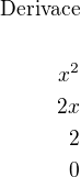$\text{Derivace}\\ \\x^{2}\\2x\\2\\0$