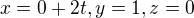 $x=0+2t, y=1, z=0$