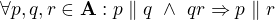 $\forall p, q,r \in \mathbf{A} : p \parallel q\ \wedge\ q\paralle r\Rightarrow p\parallel r$