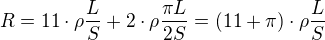 $R=11\cdot \rho\frac{L}{S}+2\cdot\rho\frac{\pi L}{2S}=(11+\pi)\cdot\rho\frac{L}{S}$