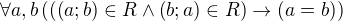$\forall a,b\left(\left(\left(a;b\right)\in R\wedge \left(b;a\right)\in R\right)\rightarrow \left(a=b\right)\right)$