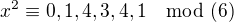$x^2 \equiv 0,1,4,3,4,1 \mod(6)$