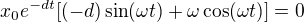 $x_0e^{-dt}[(-d)\sin(\omega t)+\omega\cos(\omega t)]=0$