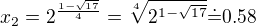 $x_2=2^{\frac{1-\sqrt{17}}4}=\sqrt[4]{2^{1-\sqrt{17}}}\dot=0.58$