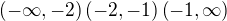 $\left( -\infty ,-2\right) \left( -2,-1\right) \left( -1,\infty \right) $