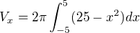 $V_{x}=2\pi \int_{-5}^{5}(25-x^{2})dx$