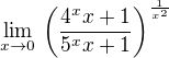 $\lim_{x\to 0} \, \left(\frac{4^x x+1}{5^x x+1}\right)^{\frac{1}{x^2}}$