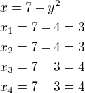 $x=7-y^2\nlx_1=7-4=3\nlx_2=7-4=3\nlx_3=7-3=4\nlx_4=7-3=4$