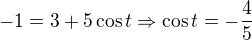 $-1=3+5\cos t \Rightarrow \cos t = -\frac 4 5$