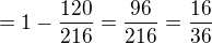 $= 1 - \frac{120}{216}=\frac{96}{216}=\frac{16}{36}$