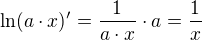 $\ln(a\cdot x)^\prime=\frac1{a\cdot x}\cdot a=\frac1x$
