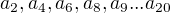 $a_2, a_4, a_6, a_8, a_9 ... a_{20}$