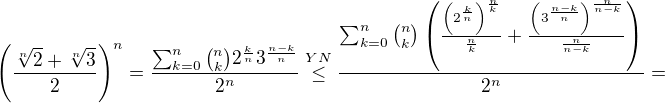 $\left(\frac{\sqrt[n]{2}+\sqrt[n]{3}}{2}\right)^n =\frac{\sum_{k=0}^n\binom{n}{k}2^{\frac{k}{n}}3^{\frac{n-k}{n}}}{2^n} \stackrel{YN}{\leq} \frac{\sum_{k=0}^n\binom{n}{k}\left(\frac{\left(2^{\frac{k}{n}}\right)^{\frac{n}{k}}}{\frac{n}{k}}+\frac{\left(3^{\frac{n-k}{n}}\right)^{\frac{n}{n-k}}}{\frac{n}{n-k}}\right)}{2^n} = $