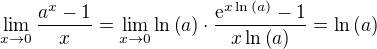 $\lim_{x\to0}\frac{a^x - 1}{x}=\lim_{x\to0}\ln{\left(a\right)}\cdot\frac{\mathrm{e}^{x\ln{\left(a\right)}} - 1}{x\ln{\left(a\right)}}=\ln{\left(a\right)}$