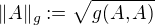 $\| A \|_{g}:=\sqrt{g(A,A)}$
