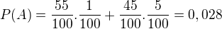 $P(A)=\frac{55}{100}.\frac{1}{100}+\frac{45}{100}.\frac{5}{100}=0,028$