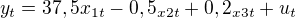 $y_{t}=37,5x_{1t}-0,5_{x2t}+0,2_{x3t}+u_{t}$