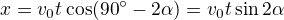 $x=v_0t\cos(90^\circ-2\alpha)=v_0t\sin2\alpha$
