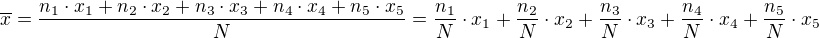 kopírovat do textarea $\overline{x}=\frac{n_1\cdot x_1+n_2\cdot x_2 +n_3\cdot x_3+n_4\cdot x_4+n_5\cdot x_5}{N}=\frac{n_1}{N}\cdot x_1+\frac{n_2}{N}\cdot x_2 +\frac{n_3}{N}\cdot x_3+\frac{n_4}{N}\cdot x_4+\frac{n_5}{N}\cdot x_5$