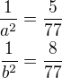 $\frac{1}{a^2}=\frac{5}{77}\\\frac{1}{b^2}=\frac{8}{77}$