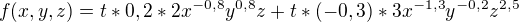 $f(x,y,z)=t*0,2*2x^{-0,8}y^{0,8}z + t*(-0,3)*3x^{-1,3}y^{-0,2}z^{2,5}$