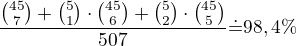 $\frac{{45\choose7}+{5\choose1}\cdot{45\choose6}+{5\choose2}\cdot{45\choose5}}{50\choose7}\dot=98,4\%$