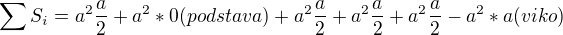 $\sum{S_i}=a^2\frac{a}{2}+a^2*0(podstava)+a^2\frac{a}{2}+a^2\frac{a}{2}+a^2\frac{a}{2}-a^2*a(viko)$