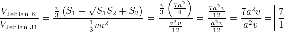 $\frac{V_{\text{Jehlan K}}}{V_{\text{Jehlan J1}}}=\frac{\frac v3 \( S_1+\sqrt{S_1S_2}+S_2\)}{\frac{1}{3} va^2}=\frac{\frac v3 \(\frac{7a^2}{4}\)}{\frac{a^2v}{12}}=\frac{\frac{7a^2v}{12}}{\frac{a^2v}{12}}=\frac{7a^2v}{a^2v}=\boxed{\frac 71}$