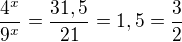 $\frac{4^x}{9^x}=\frac{31,5}{21}=1,5=\frac 32$