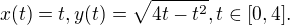 $x(t) = t, y(t) = \sqrt{4t-t^2}, t \in [0,4].$