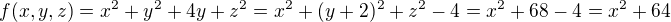 $f(x,y,z)=x^2+y^2+4y+z^2=x^2+(y+2)^2+z^2-4=x^2+68-4=x^2+64$