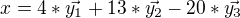 $x=4*\vec{y_1}+13*\vec{y_2}-20*\vec{y_3}$