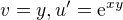 $v=y, u'=\mathrm{e}^{xy}$