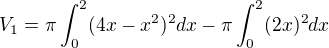 kopírovat do textarea $V_{1}=\pi \int_{0}^{2}(4x-x^{2})^{2}dx-\pi \int_{0}^{2}(2x)^{2}dx$