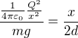 $\frac{\frac{1}{4\pi \varepsilon _0}\frac{Q^2}{x^2} }{mg}=\frac{x}{2d}$
