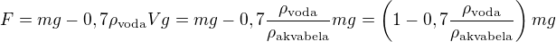 $F=mg- 0,7\rho_{\rm voda}V g = mg-0,7\frac{\rho_{\rm voda}}{\rho_{\rm akvabela}}mg = \left(1-0,7 \frac{\rho_{\rm voda}}{\rho_{\rm akvabela}}\right)mg$