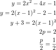 $y=2x^2-4x-1\\y=2(x-1)^2-2-1\\y+3=2(x-1)^2\\2p=2\\\frac p2=\frac 12$